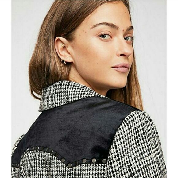 Free People Black White Houndstooth Rodeo Blazer Jacket - Picture 3 of 9
